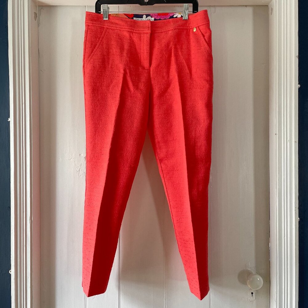 Trina Turk Sz 8 Coral Textured Ankle Pants Stretch Great Condition Resort Career